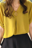 Summer Tops Blouse Women Solid V-neck Short Sleeve Chiffon Blouse Women Elegant Korean Loose Slim New Ladies Tops