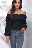 Neck Women Blouse White Black Off Shoulder Bandage Shirt Spring Summer Slim Lantern Sleeve Solid