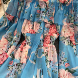 Slash Neck Spaghetti Strap Mini Chiffon Dress Women Summer Vacation Beach Flare Long Sleeve Ruffle Blue/Green Vestidos