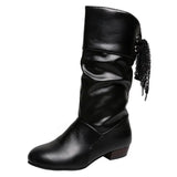 Autumn And Winter Large-Size Knight Boots Low And Round Head After The Tie With Warm Mid-Sleet Boots