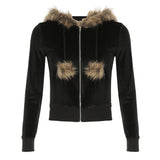 Cloth Forget Retro Hair Splicing Velvet Zipper Casual Coat BM Style Hooded Solid Color