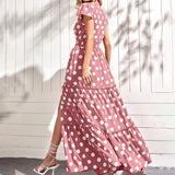 Spot 2025 Summer New Women's Fashion V-Neck Short Sleeve Side Slit In The Long Polka Dot
