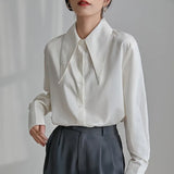 Vintage Satin Silk Women Shirt Turn Down Collar Woman Loose Blouse White Long Sleeve Shirts Blusas Office Lady Tops