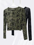 Zingj Sexy Plant Print Mesh Bottom Shirt Women's Thin Hollow See-Through Elastic Slim Short Long-Sleeve