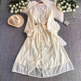French Wind And Breeze Floral Dress Women's Autumn Mesh Embroidered Lantern Cuff Strap Design Chic Super Fairy