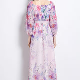 Holiday Style Dress 2025 New One-Word Shoulder Strap With Waist Lantern Sleeve Print Chiffon Long Dress