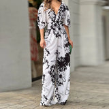 New Women's Wear In Fashion Elegant Print Bat Sleeves V-Neck Women's Jumpsuit Women
