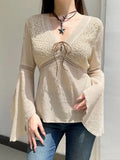 Cloth Forgets The Ancient Wild Folk Style V Tie With Horn Long-Sleeved Top Knitted