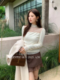 Xixi 2025 Autumn New White Standard Korean Long-Sleeved Lace Knitted Woolen Women
