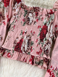 Women Floral Printed Two Piece Set Sexy Square Collar Lantern Sleeve Short Tops + Wide Leg Pants Suit Vacation Beach