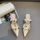 New Rivet Pointed Thin Heel Baotou Half Slipper Female Middle Heel Shallow Mouth Lazy Mueller