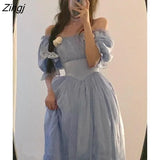 Elegant Midi Dresses Women Spring Blue Patchwork Retro Evening Party Dress 2022 French Sweet Korean Princess Fairy