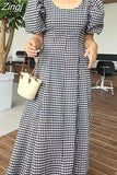 Retro Fashion New Summer Women Puff Sleeve Plaid Dress Ladies Pullover Cotton Dresses Casual Woman Print A-line Long
