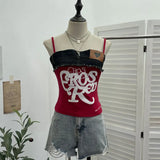 Edge Denim Spliced Letter Embroidered Sling Sling Vest T-Girls Short Top