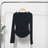 French Style Long-Sleeved T-Shirt Girl Autumn And Winter Collar Folded Folded Body Inside The Bottom Shirt Top