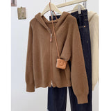 New Simple Casual Double Zipper Sweater Female Shoulder Long Sleeve Hooded Knitted Cardigan Women's Uniform