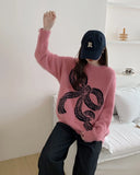 Zingj And Winter Imitation Mink Casual Loose Round Collar Sweater Jacket Women's Lazy Wind Printed Bow Soft Waxy Comfortable Sweater-Outfit