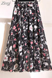 Women Summer Floral Print Chiffon Girls Spring Korean A-Line High Waist Ladies Elegant Office Holiday Midi