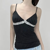 Cloth Forget Black And White Striped Lace Lace Splicing V-Neck Sling Vest Sexy Set-Up Inside The