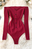 Slash Neck Long Sleeve Bodysuit Autumn 2023 Single Breasted Playsuit Red/Gray/Black Sexy Knitted Rompers New Fashion