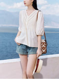 Atmosphere Age Reduction V-Neck Short-Sleeved Shirt Woman 2025 Summer New Commute Fashion Temperament