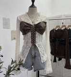 Shooting V Tie With Retro 2025 New Hottie Sexy Lace Splicing Pu Leather Hollow Shirt Top