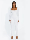 Women Yoga Jumpsuits Square Neck Long Sleeve Ribbed Jumpsuits High Waist Bodycon Sport Workout Long