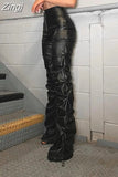 Faux PU Leather Pleated High Waist Black Stacked Pant Women Slim Hipster Street Style Long Trousers Hot Sale Trend
