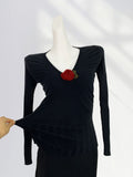 Zingj New Hand Hook Stereo Rose Knit Sweater Female Autumn Temperament Shows Thin V Collar Black Bottom