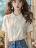Chic Super-Looking White POLO Collar Short-Sleeved Shirt Women's Summer Unique Beauty Loose Thin