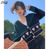 Autumn Elegant Sweet Knitted Cardigan Women V-neck Korean Style Loose Coat Female Loose Warm Long Sleeve Chic Casual