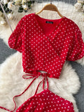 Women Polka Dot Chiffon Two Piece Set Vintage V-Neck Bandage Short Tops + High Waist Mermaid Skirt 2Pcs Suits New