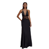 Summer New Women's Deep V-Dress Long Dress Lace Perspective Sexy Bodydress Dress