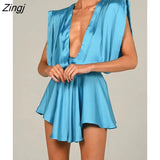 Deep V Neck Satin Dresses Women 2022 Spring Sexy Sleeveless Elegant Blue Robe Solid Backless Bodycon Mini Dress