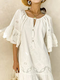 Lace Embroidery Mini Dress Women O Neck Lace Up Dress Female Ruffle Sleeve Tassle Beach Dress Ladies Hollow Out