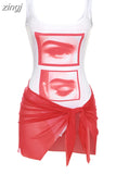 Print Women Two Piece Sets Sleeveless Casual Skinny Low-Neck Bodysuit+Mesh See Through Bandange Skirts Matching