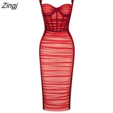 Suspenders Bodycone Ruched Slim Mid Dress Women Sexy Solid Backless Herringbone Dress Spring Summer Partywear