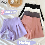 Women A-line Summer Short-skirt Office Lady Pleated Casual Holiday High Waist Loose Fashion Purple Lining Stylish