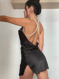 Silk Strap Mini Dresses Backless Solid Color Criss Front Pearl Sexy Summer Sexy Party Sleeveless Dresses Clubwear