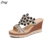 Shoes Women Summer Peep Toe Breathable Beach Sandals Rhinestone Slip-On Wedges Shoes