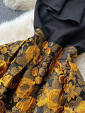 Autumn Women Red/Gold Floral Printed Patchwork Long Dress Vintage Stand Collar Sleeveless High Waist A-Line Vestidos