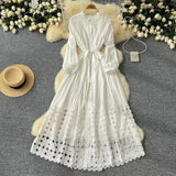 Retro Hollow Hook Lace Splicing Bow Strap With Waist Single Buckle Over Knee Dress New Autumn
