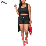 Women Casual 3 Pcs Sets Solid Set Spaghetti Straps Tank Top + Shorts+ Sleeveless Cardigan
