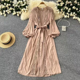 And Autumn New French Retro Hollow Hook Lace Spliced Lantern Sleeve Dress Strapped Waist Temperament