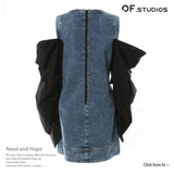 New Round-Neck Denim Collevetic Collider Pintap Crash Color Removable Heap Sleeve Dress