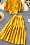 Two Piece Set Women Vintage Square Collar Short Sleeve Tops + High Waist A-Line Skirt Female Suits 2023