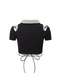Women Tees Shirt Y2k Girl Cute Sexy Bandage Patchwork Hollow Out Cropped Tops Streetwear Short Sleeve Polo-neck Kawaii T