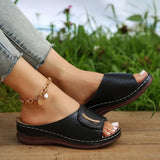 New Large-Size Slope Heel Sandals Women's Wide Strip With Breathable Casual Shoes Pure Color Slope Heel Women's