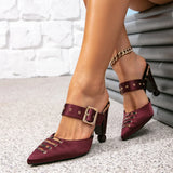 Women's Wine Red High-Heeled Sandals Square Buckle Decorative Pointy-Head Heel Shoes Sandals Muller Women's
