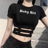 Zingj Sexy Slim Short Sleeve Letter Print T-Shirt Irregular Hollow Out Crop Bottom